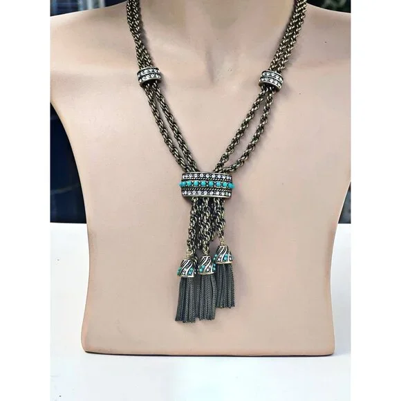 Vintage Turquoise & Crystal Tassel Lariat Necklace By Heidi Daus - Picture 6 of 9
